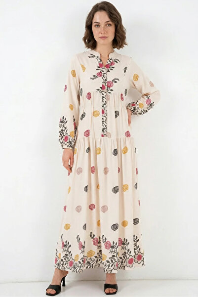 buğrahayalin Women's Shirt Collar, Gathered Waist, Long Sleeve, Floral Patter...