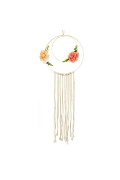 SHOPIENS Round Macrame Wall Decoration Beige with Fringes & Flowers Ø31 x 82 cm