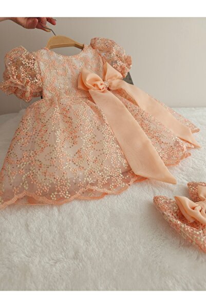 Elwirababyboutiqe Rochie cu detalii de broderie cu paiete de somon