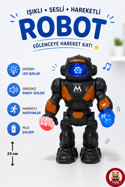 giffy Oyuncak Işıklı Sesli Hareketli Robot Oyuncak 23 CM LED Efektli Pilli Robot
