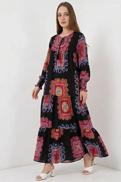 buğrahayalin Women's Round Neck Gathered Waist Floral Patterned Viscose Red D...