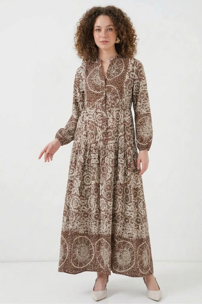Efnaz style Women's High Collar Gathered Waist Floral Patterned Viscose Brown...