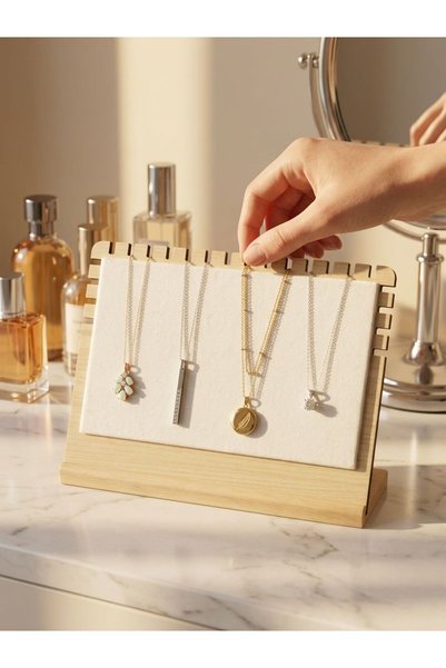segalife Wooden Necklace Stand – Cream Fabric Covered Jewelry Organizer 26X26 cm Decorative Gift for Women