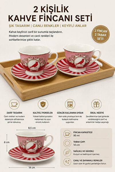 Welora Kırmızı Kuş Desenli 2 Kişilik Kahve Fincanı Takımı Porselen Fincan Set...