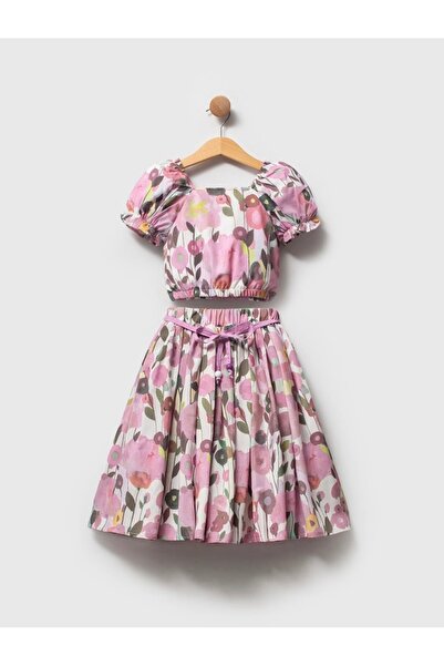 Alvadonna Set din două piese pentru fete, cu model floral, crop top și fustă ...