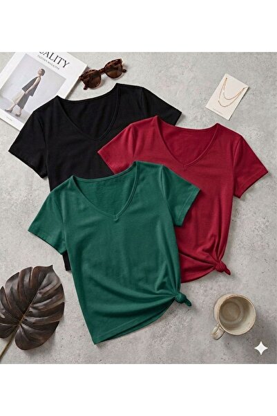 FAVORİST 3 Pieces of Plain Regular Fit (V-Neck) Women's T-Shirts