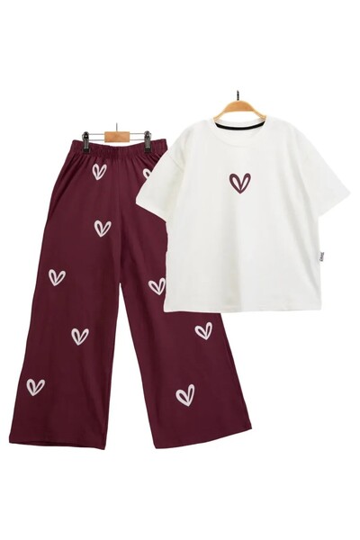 Limones Girl's Cotton Heart Pattern Oversized T-Shirt and Wide-Leg Pants Set ...
