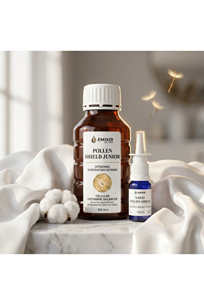 Emixir Pachet Protectie Sezoniera Copii POLLEN-SHIELD PEDIATRIC: Sirop Lipozomal 500ml + Spray Nazal 10ml, Fara Somnolenta