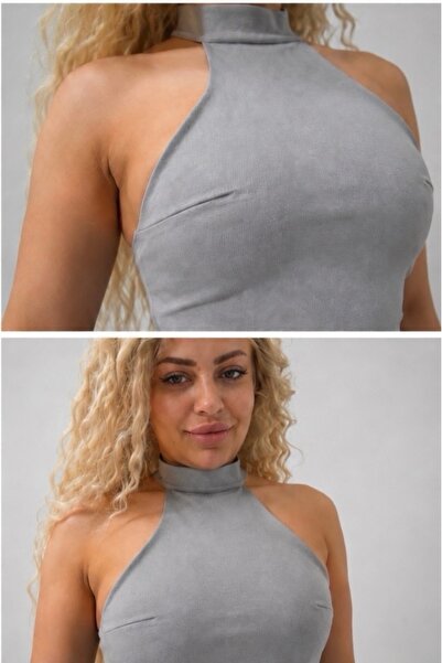 Maison MeDa Gri Boyundan Bağlamalı Sırtı Açık Halter Crop Bluz