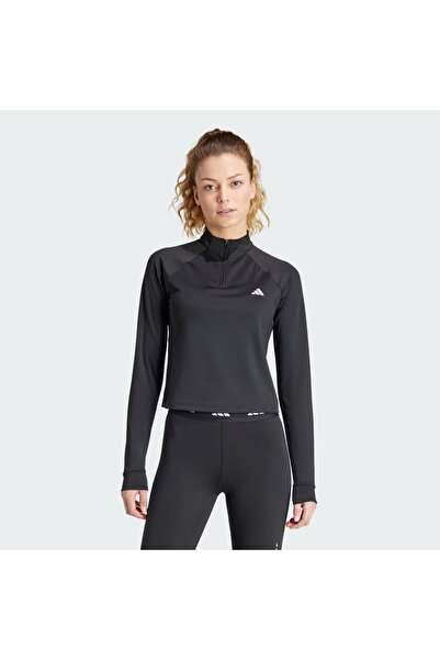 adidas We 1/4Zip Women's Black Plain T-Shirt Clothing Is4028