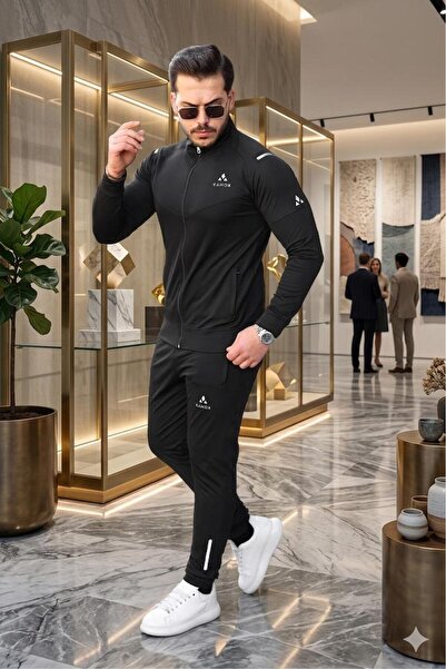 KANOX Slim Fit Dalgıç Kumaş Fermuarlı Erkek Eşofman Takımı Reflektör Baskılı