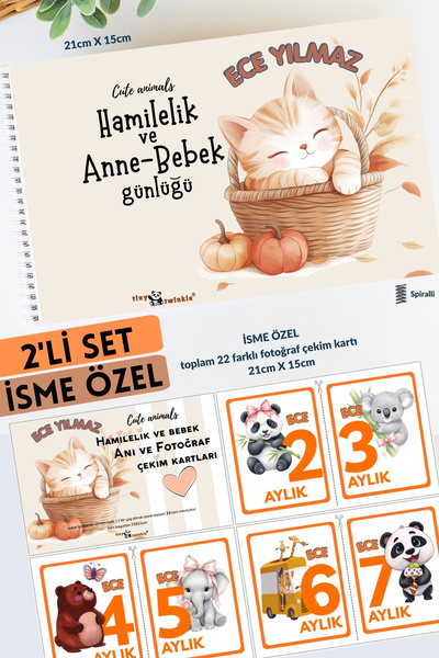 Lodos 2'Lİ SET İSME ÖZEL Anı Defteri Cute Animals Hamilelik ve Anne Bebek Anı...