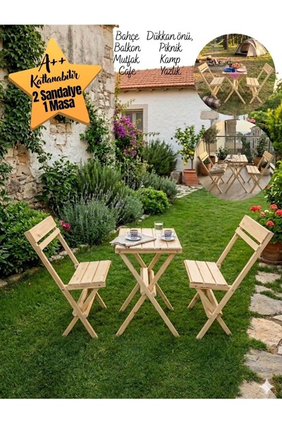 İNCİ TUVAL 3'lü Balkon Bahçe Mutfak Bistro Set Katlanır Ahşap Masa Sandalye T...