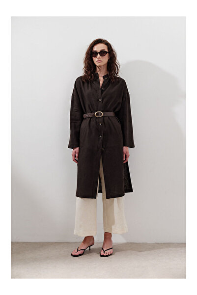 LC Waikiki Nevavm Long Tunic with Linen Belt in Bitter Brown