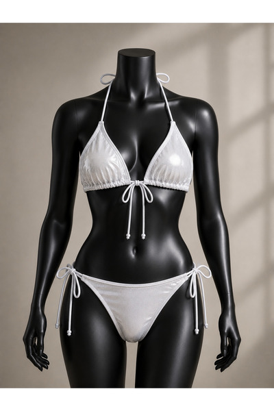 Maser Parlak İnci Beyazı Metalik Üçgen Bikini Takımı