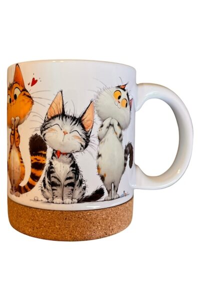 OEM Glossy ceramic mug BAKET of 250 ml with cork base, funny cats model