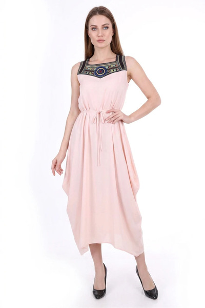 Generic Brand Women's Round Neck Belted Embroidered Viscose Powder Dress