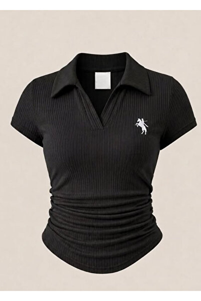 Gofeel Vintage Polo Yaka Fitilli Likralı Bluz