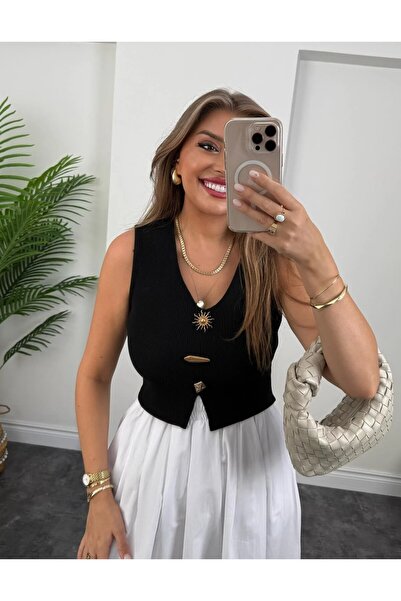 Butik Siyah Ottoman Güneş Serisi Aksesuarlı Crop Bluz