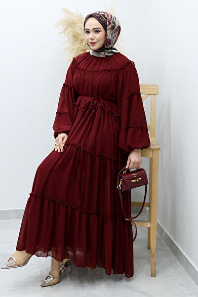 Tesettür Dünyası Tie Waist Ruffle Chiffon Dress Tsd260142 Burgundy