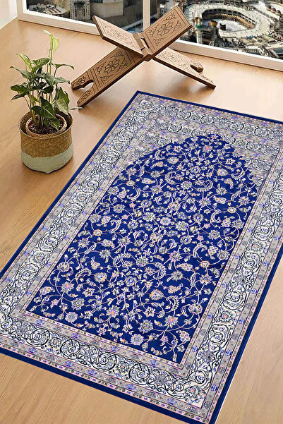 Carmine Carpet Navy Blue Ravza Flower Motif Mosque Prophet Mihrap Sponge Digi...