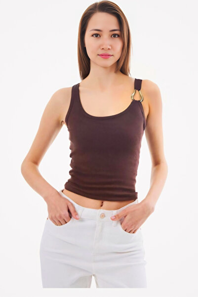 Homay Women's Ribbed Cotton Undershirt with Buckle Detail and Thick Straps