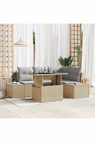 vidaxl Set de canapele pentru gradina cu perna 5 pcs Bej poliratan