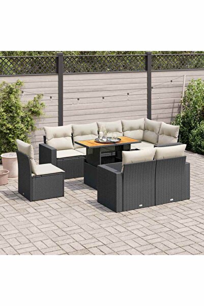 vidaxl Set mobilier de gradina cu perne, 9 piese, negru, poliratan