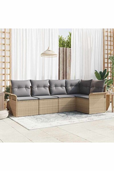 vidaxl Set de canapele pentru gradina cu perna 5 pcs Bej Rattan poli
