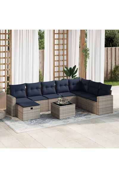 vidaxl Set canapele de gradina, 9 piese, cu perne, gri, poliratan