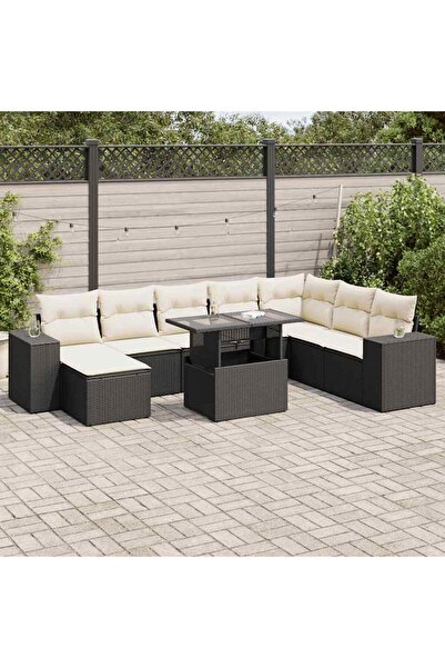 vidaxl Set mobilier de gradina cu perne, 9 piese, negru, poliratan