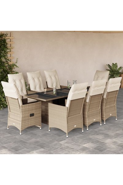 vidaxl Set de masa pentru gradina, 9 piese, cu perne, bej, poliratan