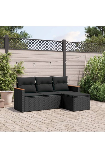 vidaxl Set mobilier de gradina cu perne, 4 piese, negru, poliratan