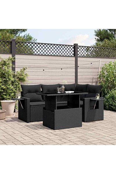 vidaxl Set mobilier de gradina cu perne, 5 piese, negru, poliratan