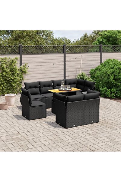 vidaxl Set mobilier de gradina cu perne, 9 piese, negru, poliratan