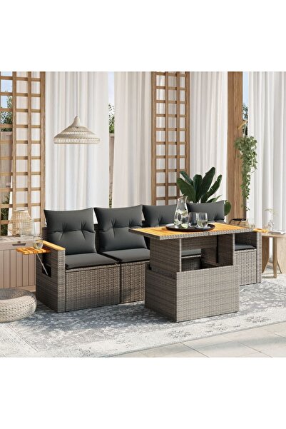vidaxl Set canapea de gradina cu perne, 5 piese, gri, poliratan