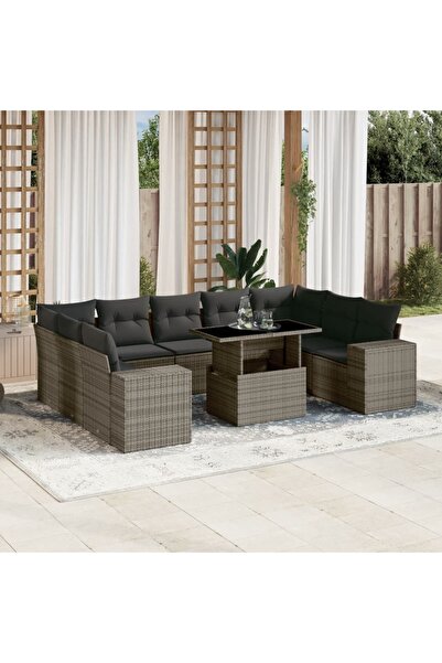 vidaxl Set mobilier de gradina cu perne, 10 piese, gri, poliratan