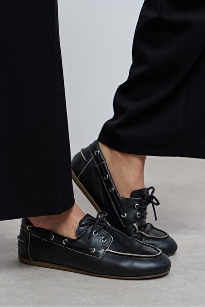 NİŞANTAŞI SHOES Rodeo Black Matte Genuine Leather Lace Detail Women's Loafer ...
