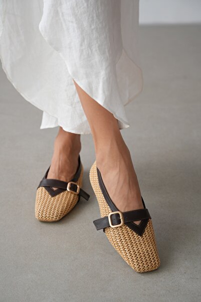 selin shoes Virea Ψάθινα πλεκτά γυναικεία μπαλαρίνες με ρυθμιζόμενη χρυσή αγκ...