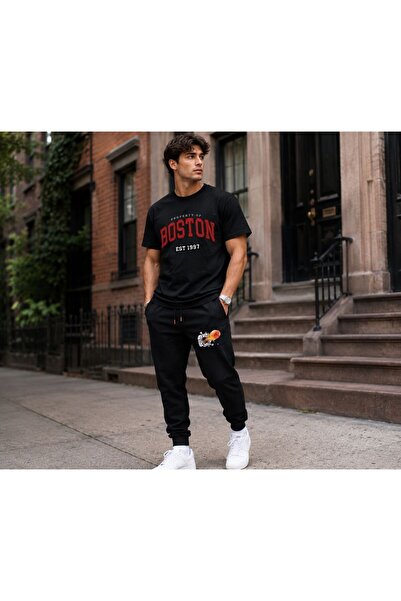 HerTarzınTrendi Tricou supradimensionat cu imprimeu Boston și pantaloni de tr...
