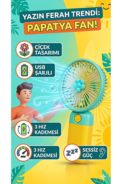 allwear Papatya Tasarımlı Taşınabilir Mini El Vantilatörü - USB Şarjlı, 3 Kad...