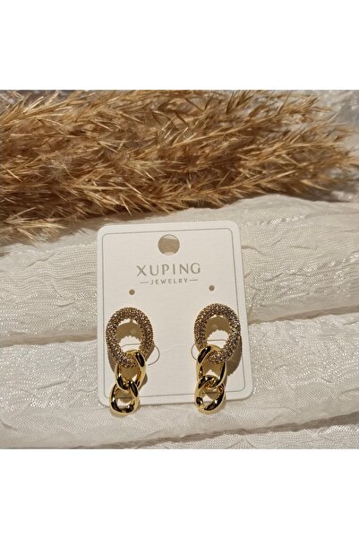 XUPING JEWELRY مجوهرات شوبينغ، أقراط ذهبية مزينة بسلسلة وتفاصيل حجرية