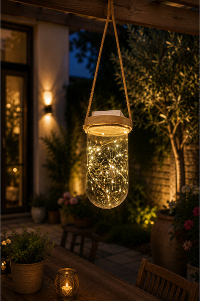 etxShop LED Işıklı Cam Kavanoz Dekoratif Askılı Fener Balkon Veranda Bahçe Ay...