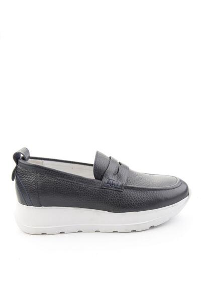 Bambi Lacivert Hakiki Deri Kadın Loafer Ayakkabı K01087246703