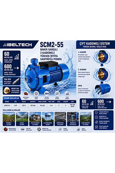 İBELTECH SCM2-55 2 HP Çift Kademeli Santrifüj Su Pompası 60 Metre Basma SSA30...