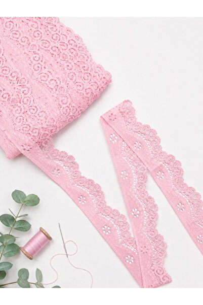 Ak Tuhafiye Lycra Lace 3 cm Width – Pink – 5 Meters Flexible Lace Fabric