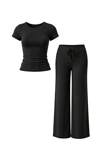 EVOA Women's Crew Neck Blouse & Wide Leg Pants Set