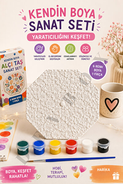 devhome Mandala Boyama Seti Dekoratif Alçı Taş Tabak 6 Renk Boya ve Fırça Dah...