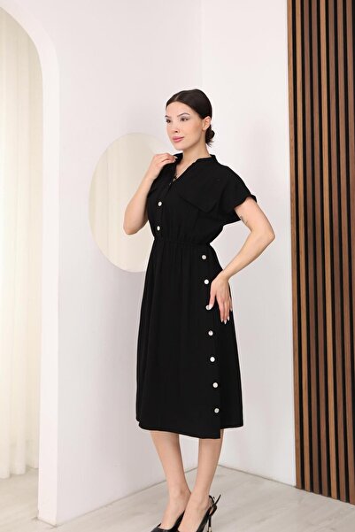 FAMODA Black Linen Look Midi Dress with Elastic Waist and Pockets