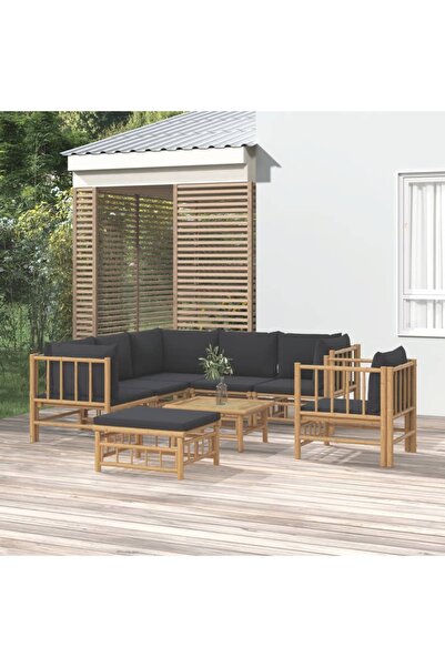 vidaxl Set mobilier de gradina cu perne gri a®nchis, 8 piese, bambus